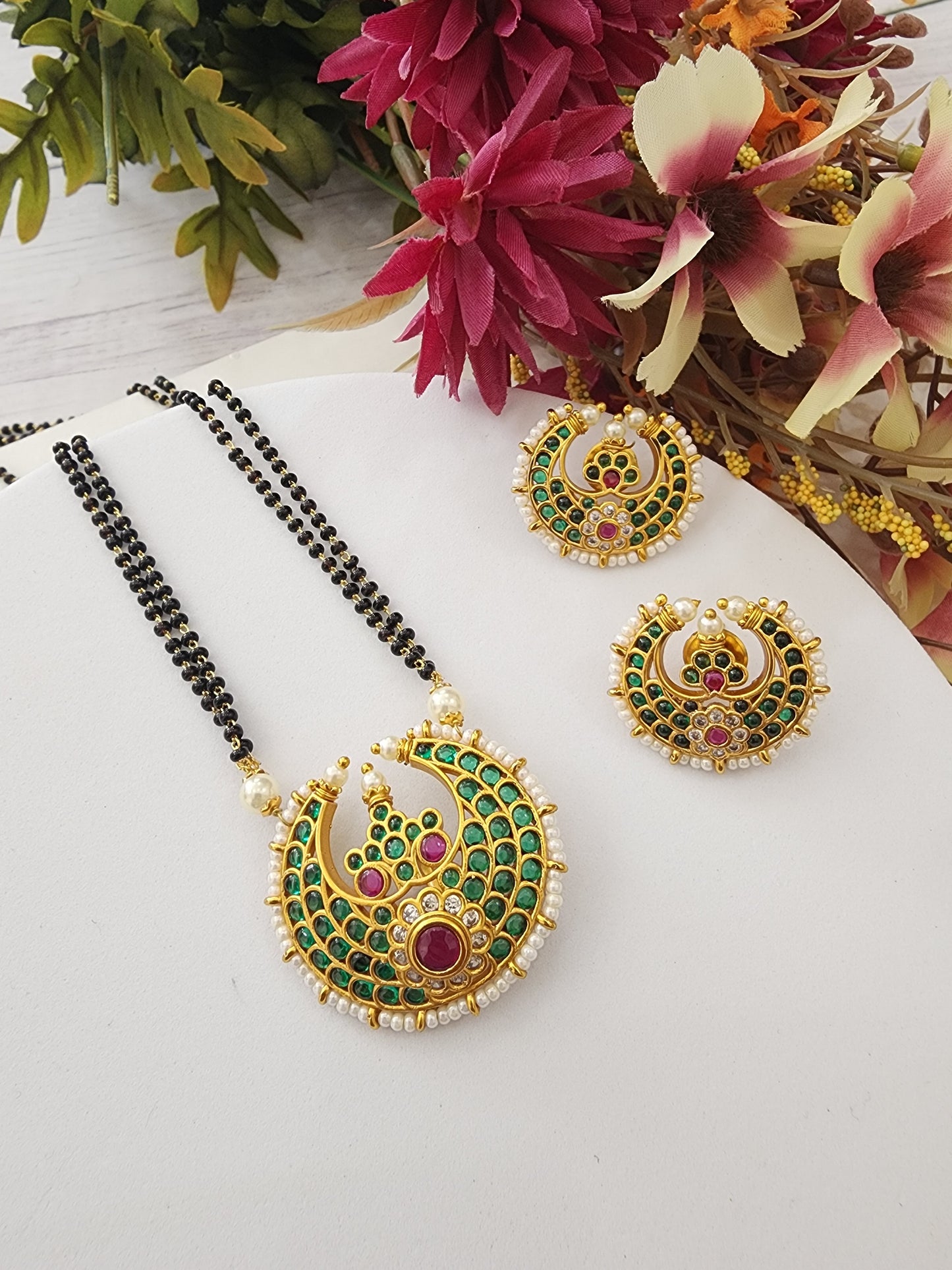 Bhuvi Gold plated black bead necklace set