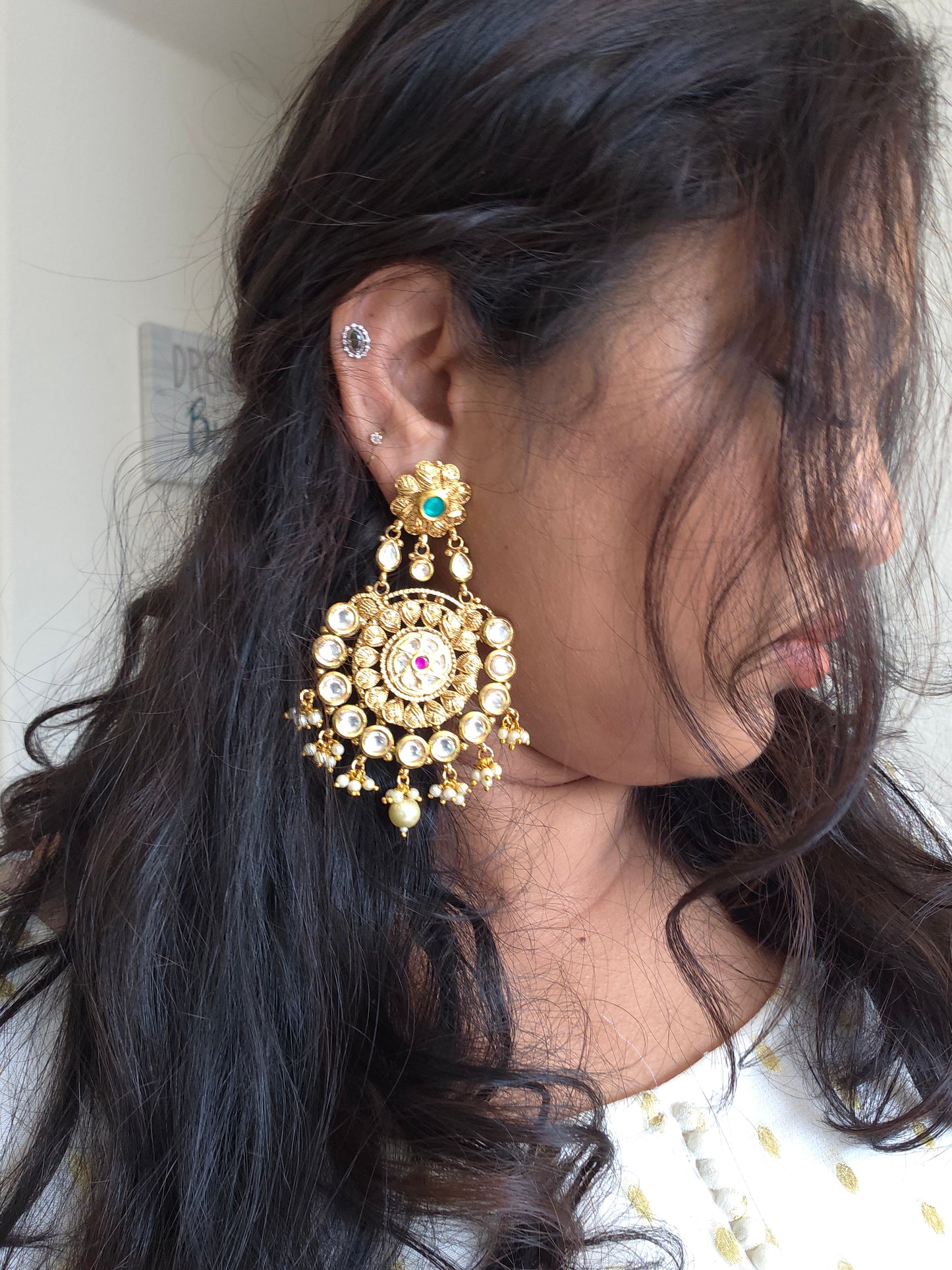 Goldplated Kundan chandbali earrings