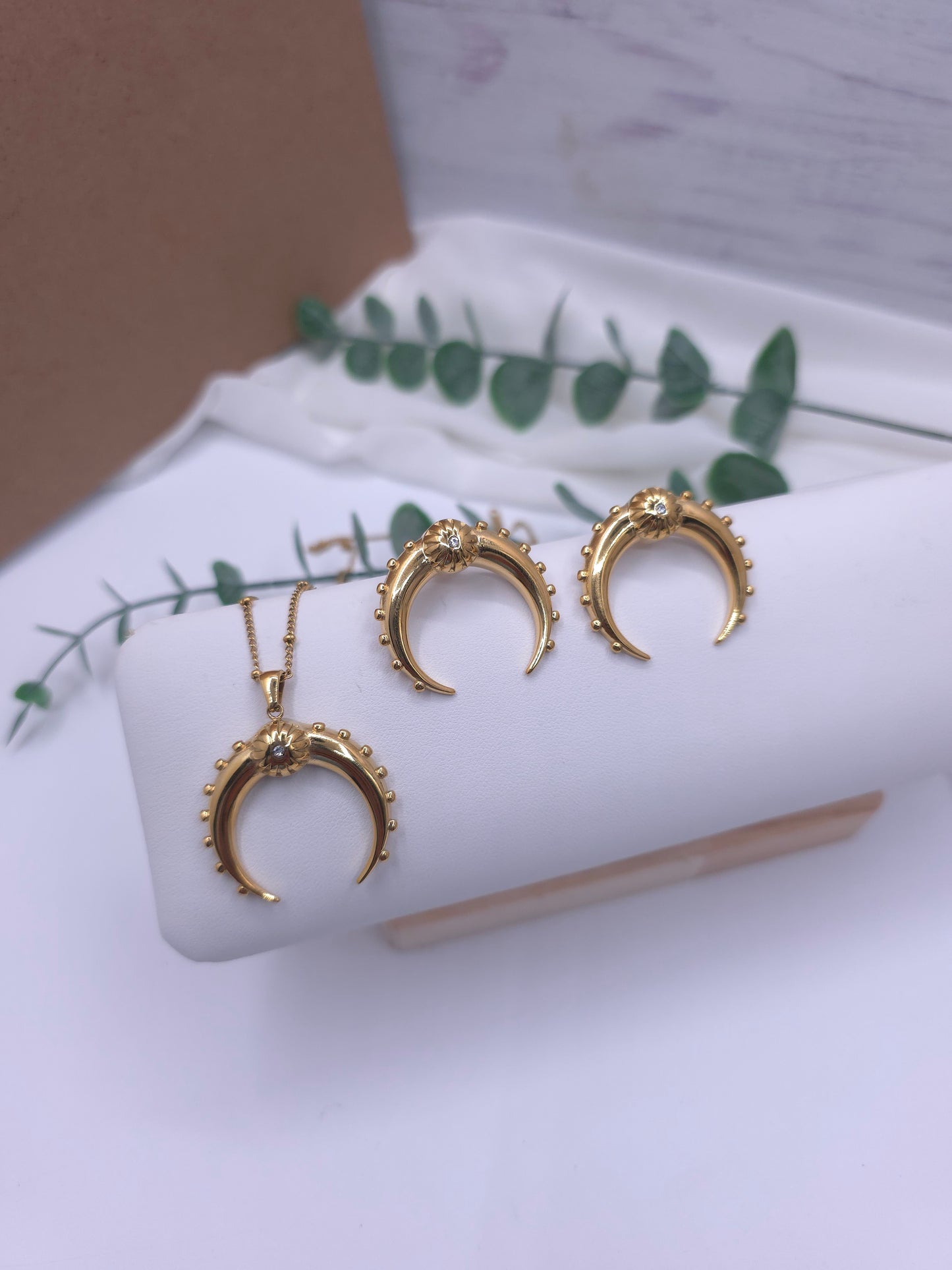 Crescent stainless contemporary necklace earrings