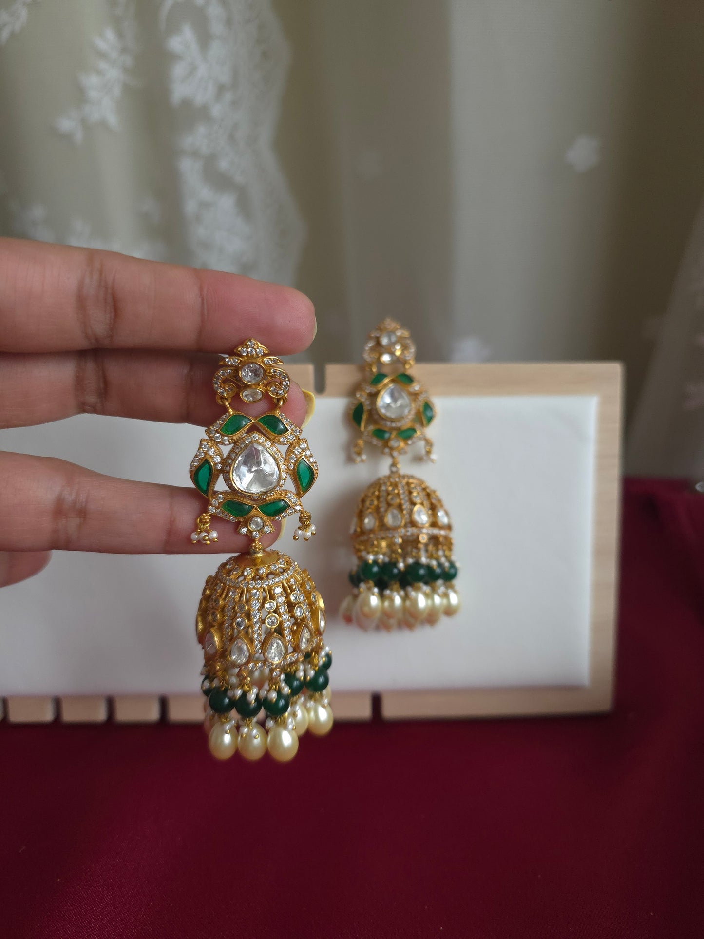 Green Victorian mossanite polki jhumka earrings