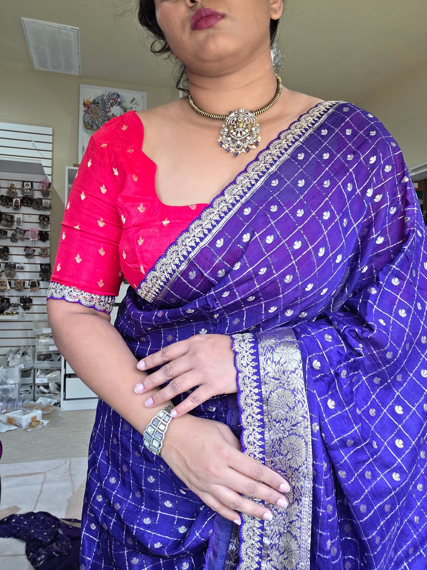 Purplish blue chinon silk saree