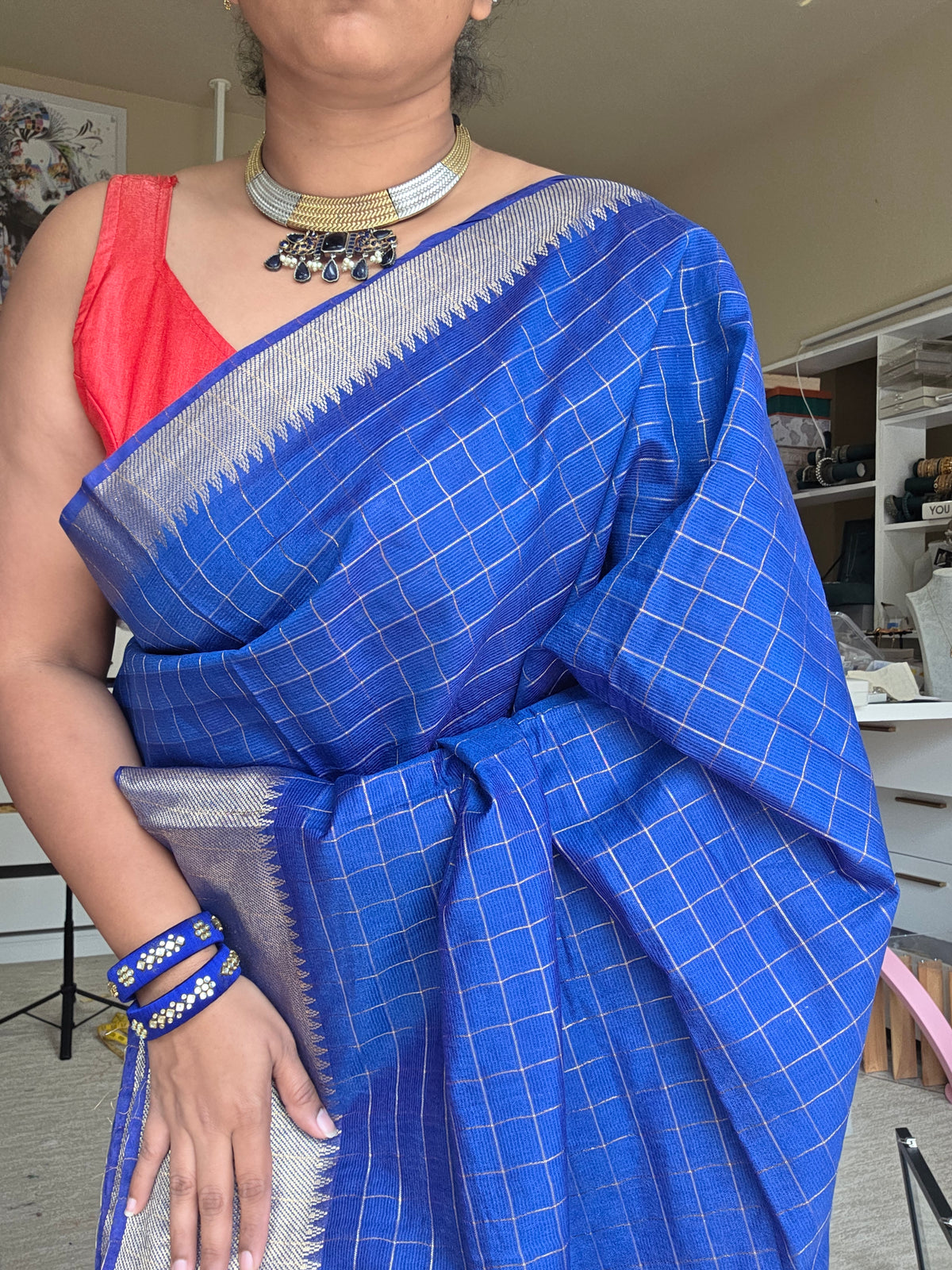 Mangalgiri Soft Cotton Silk Saree – Handwoven Pink Checks Saree with Rich Zari Border | Traditional South Indian Saree