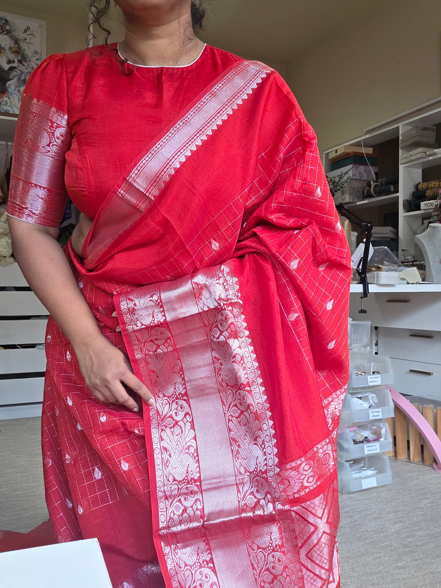 Mangalgiri Pattu Saree with Silver Zari Border | Includes Stitched Blouse | Fall & Pico Done