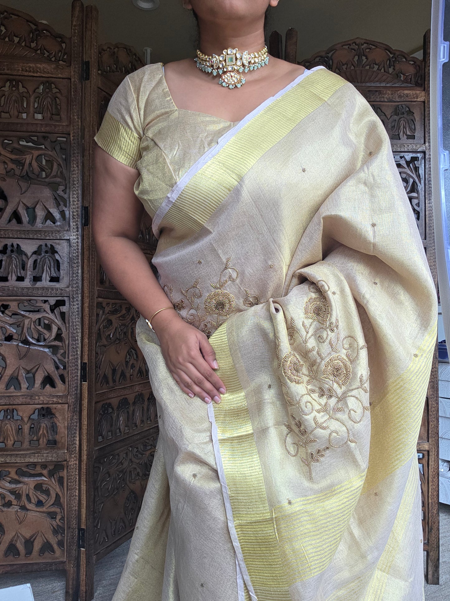 Gold silk tissue embroidery saree with blouse