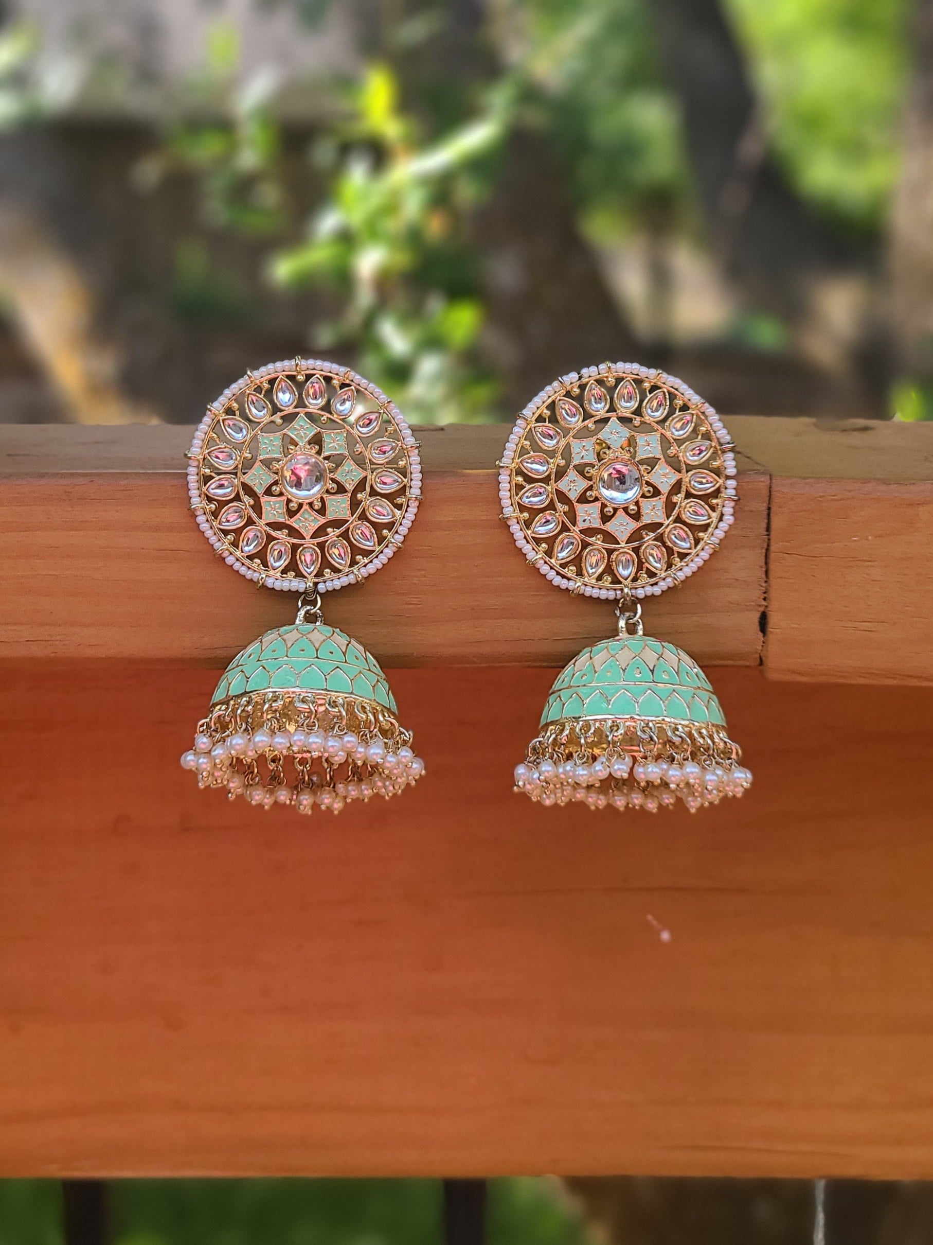 Floral Hand Painted Meenakari peacock Jhumka pearl drop Earrings