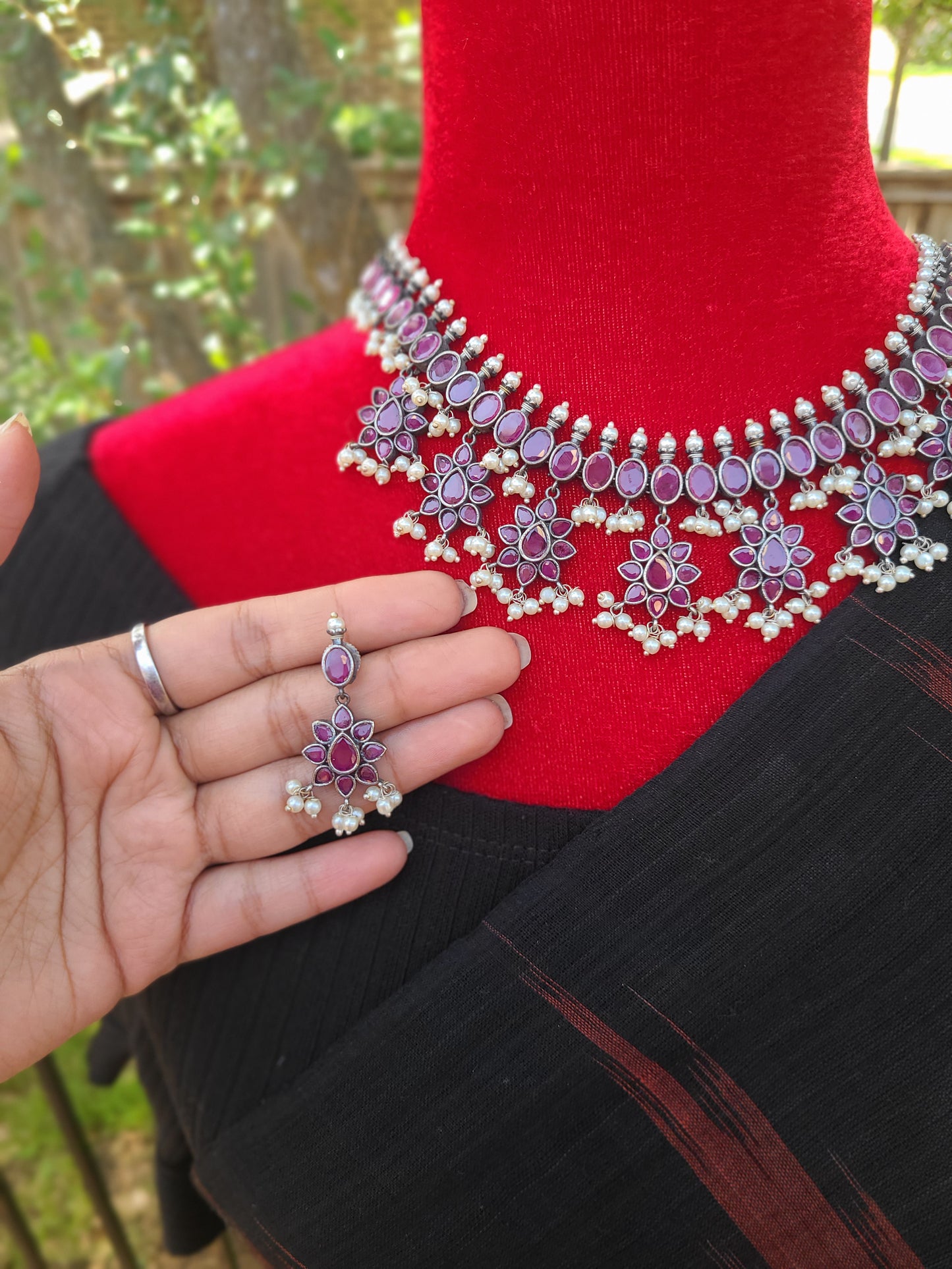 Silver alike guttapusalu necklace set heavy set neckline necklace ruby stone necklace set