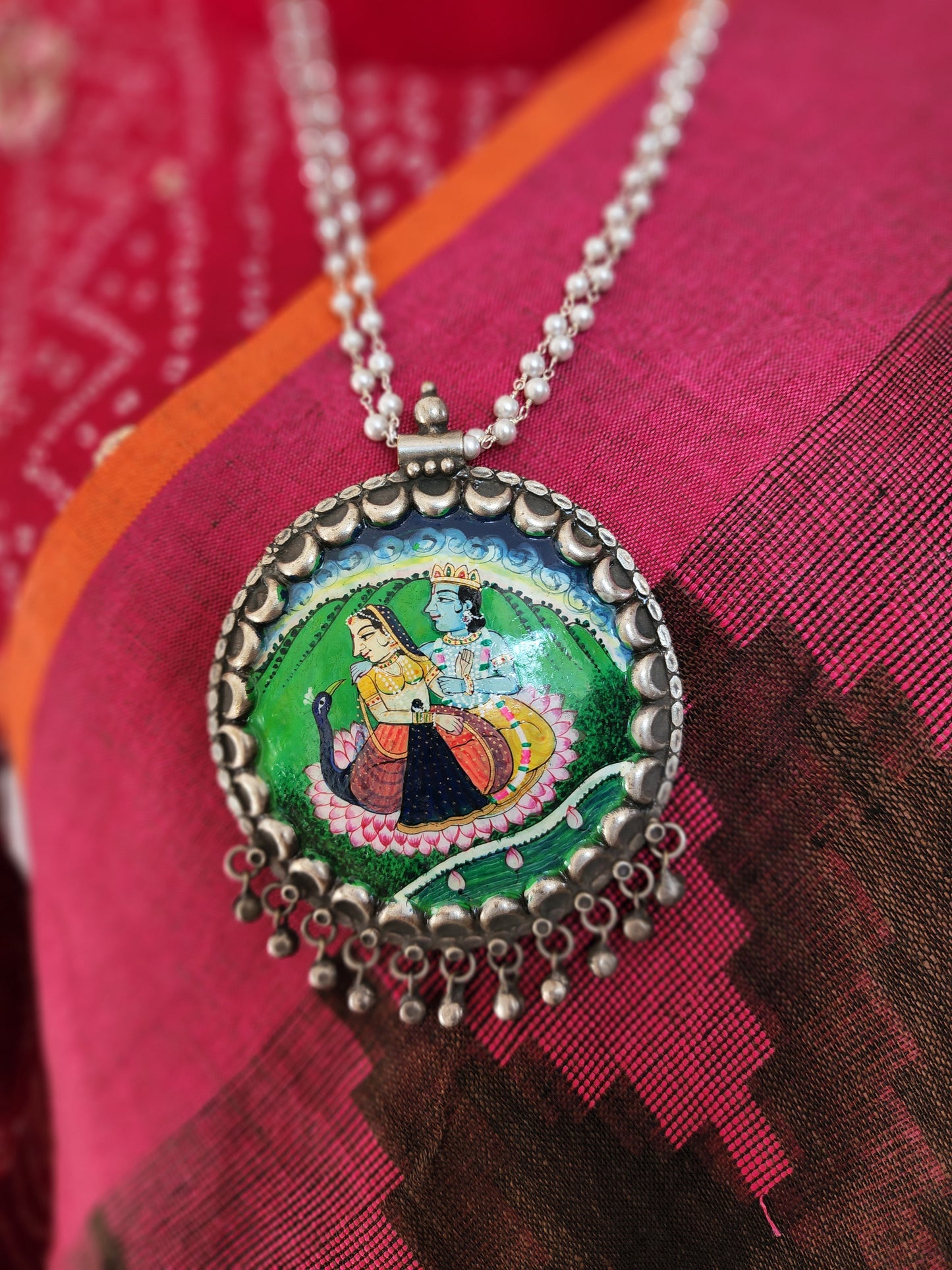 Radha krishna Handpainted fusion pendant necklace set