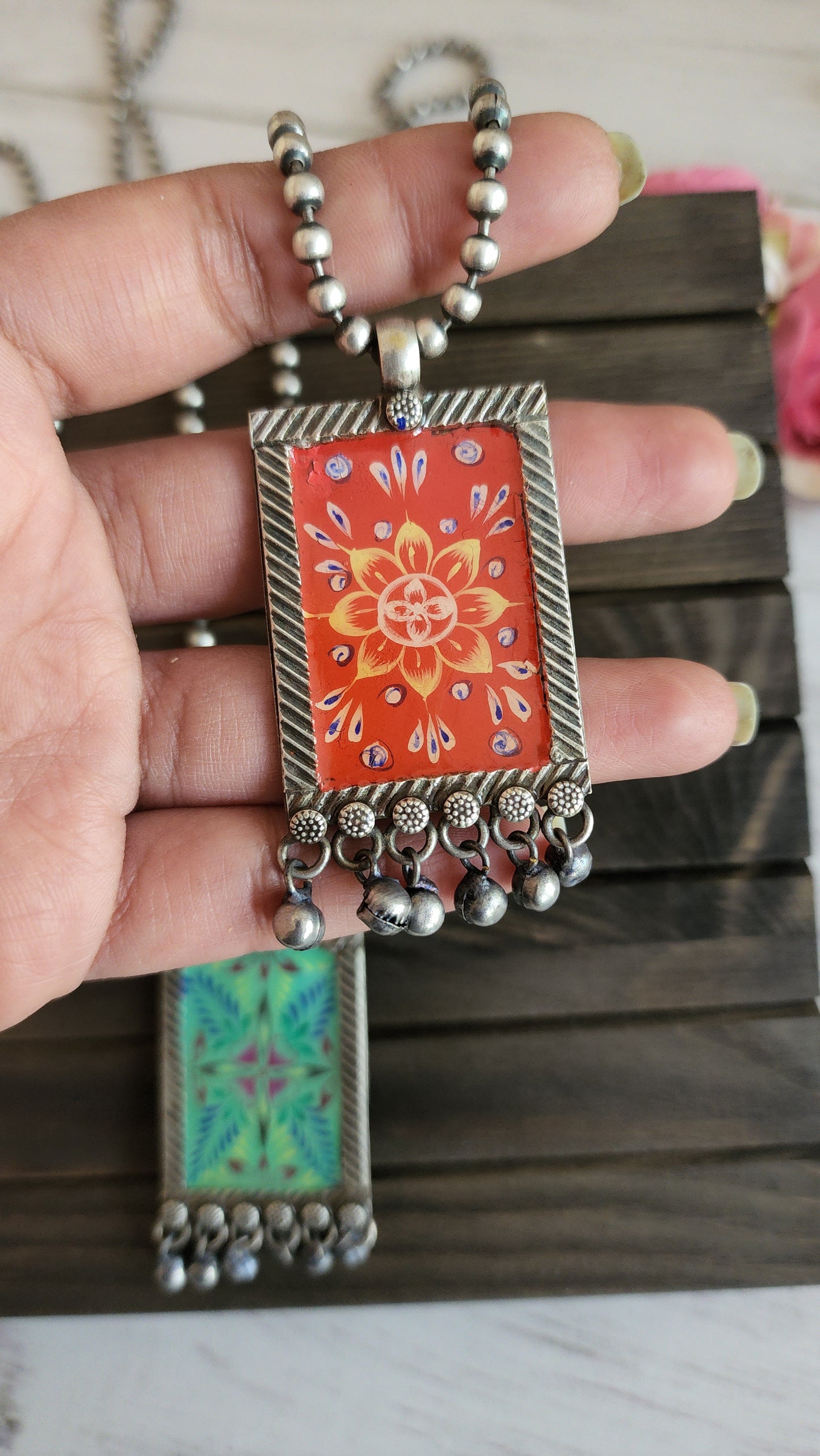 Handpainted silver alike pendant necklace