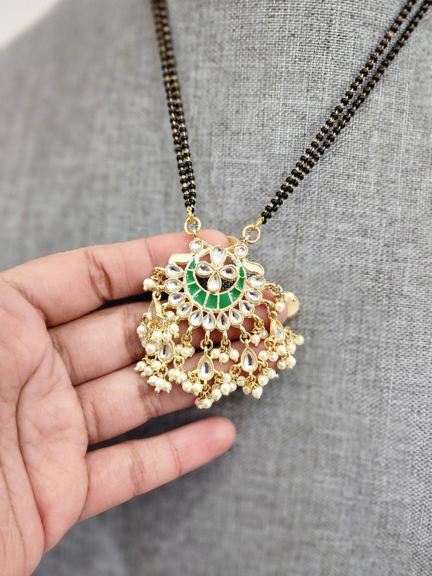 Black bead meenakari pendant necklace