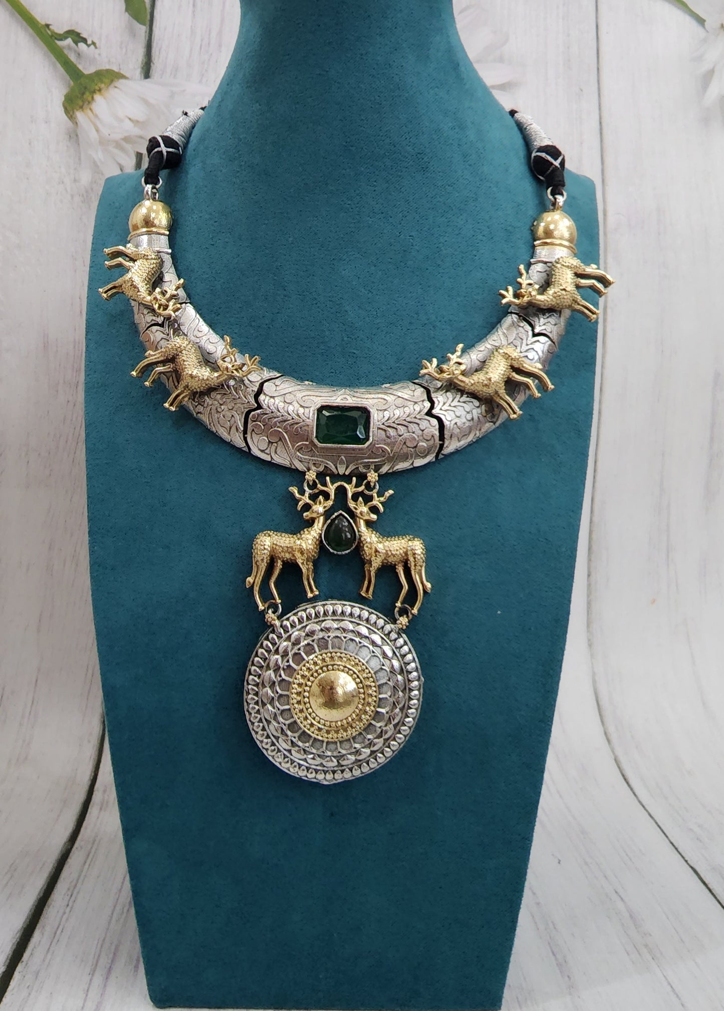Oxidized Silveralike Statement Necklace Set with deer Motif & Green Stone