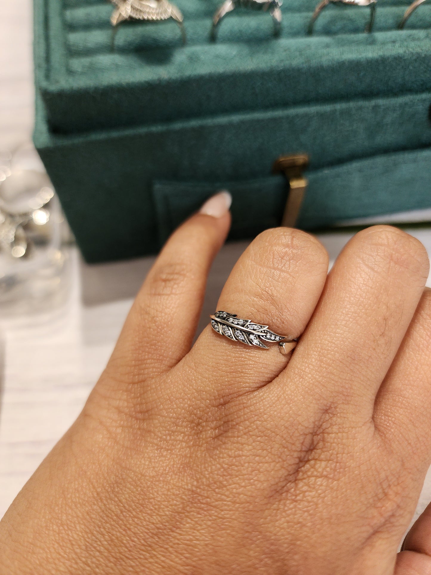 Adjustable feather Stone 925 silver Ring