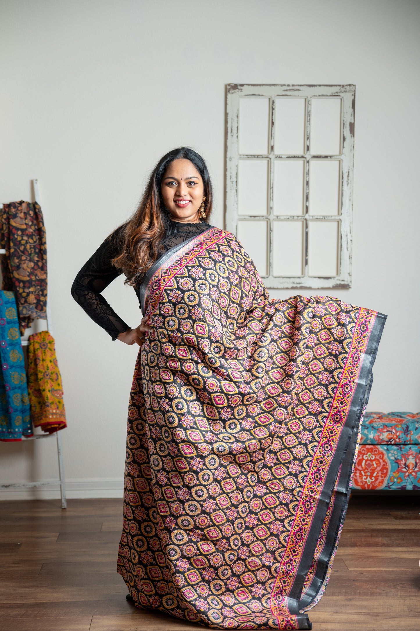 Ajrakh printed linen printed saree