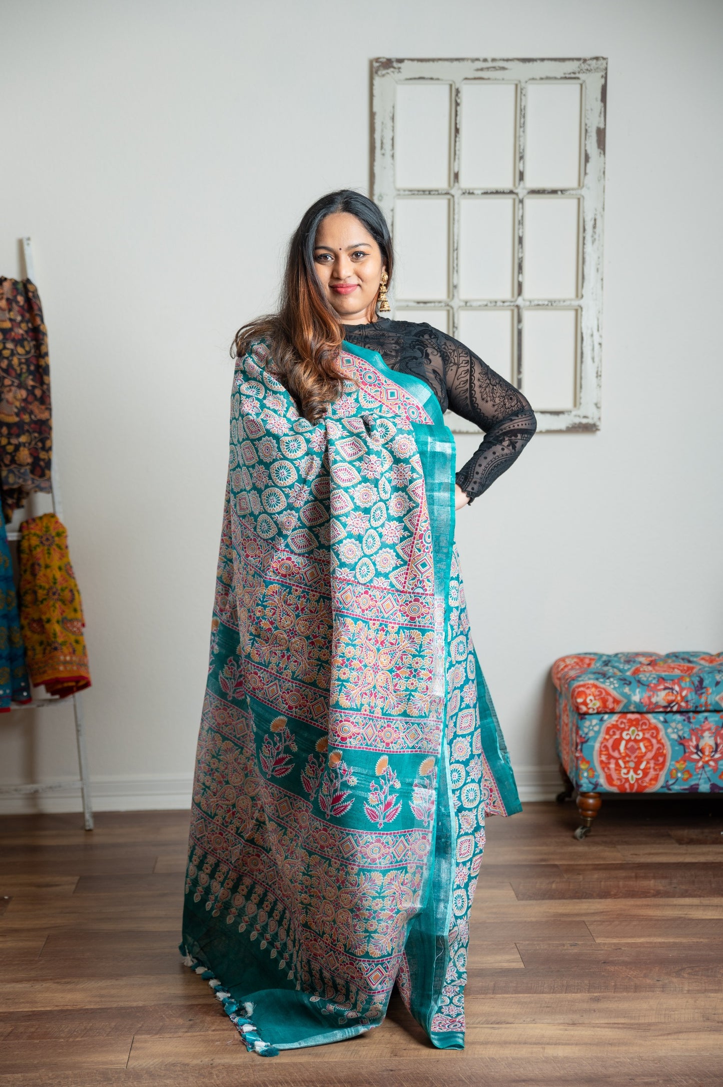 Ajrakh printed linen printed saree