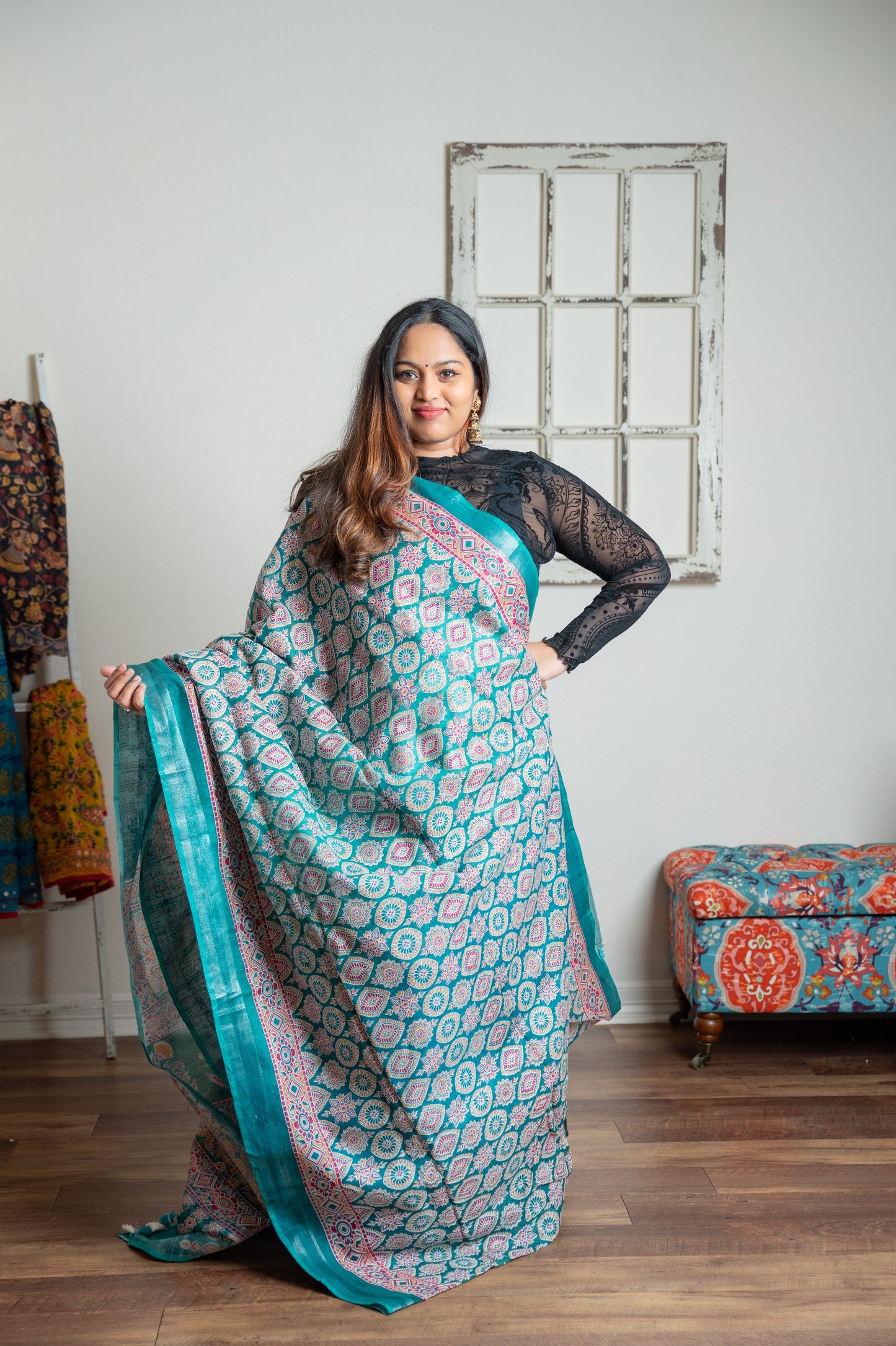 Ajrakh printed linen printed saree