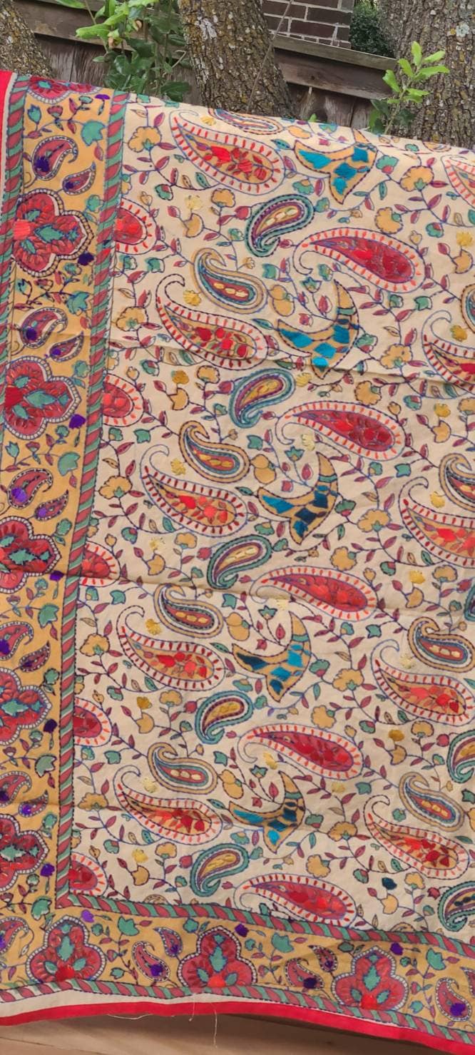 Madhubani dupatta phulkari dupatta hand embroidered dupatta kalamkari gift for her women gifts half white dupatta blue dupatta red dupatta