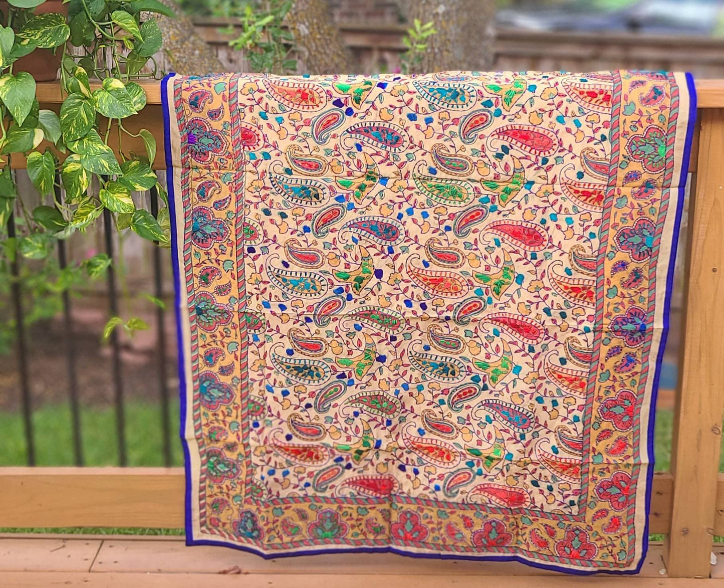 Madhubani dupatta phulkari dupatta hand embroidered dupatta kalamkari gift for her women gifts half white dupatta blue dupatta red dupatta