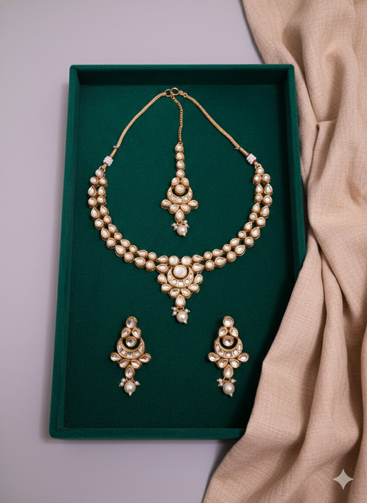 Arva kundan necklace set Classic Kundan Necklace Set with Earrings & Maang Tikka | Funcre8tions