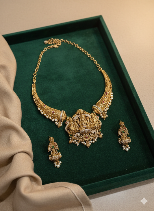 Lakshmi temple necklace set with earrings – Indian bridal jewelry