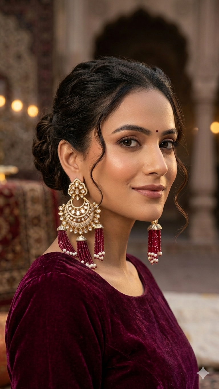 Ashmitha Elegant Polki Beaded Chandbali Earrings – Bridal & Festive Wear
