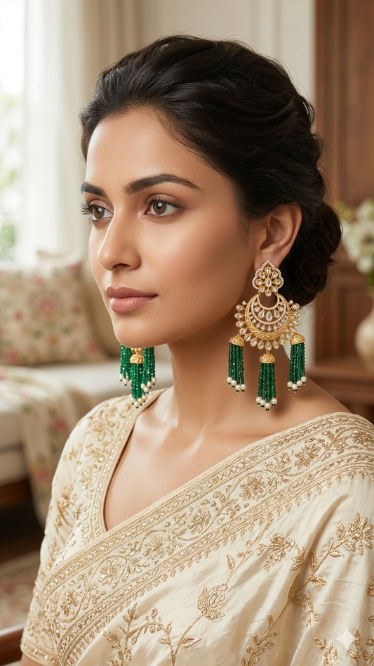 Ashmitha Elegant Polki Beaded Chandbali Earrings – Bridal & Festive Wear