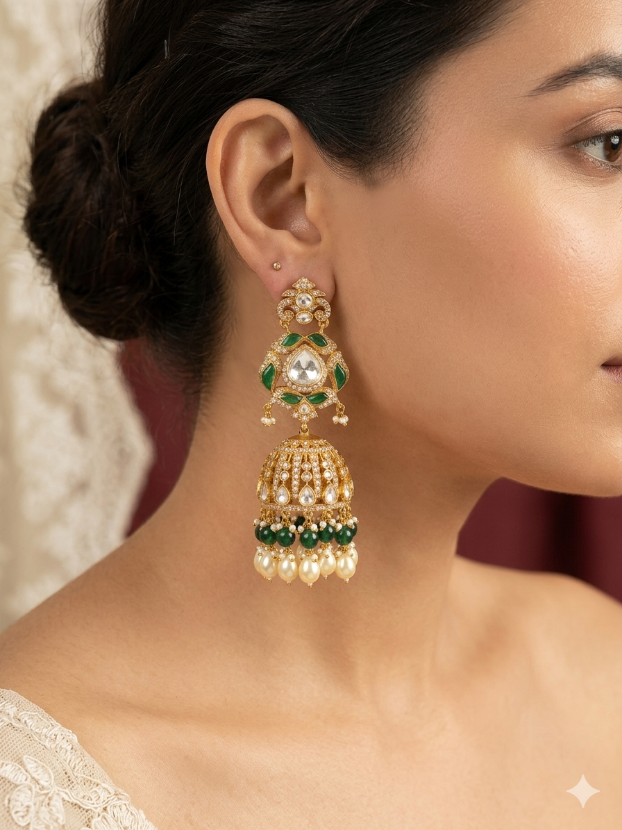 Green Victorian mossanite polki jhumka earrings