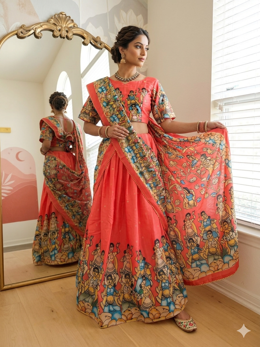 Kalamkari silk lehanga set Pink