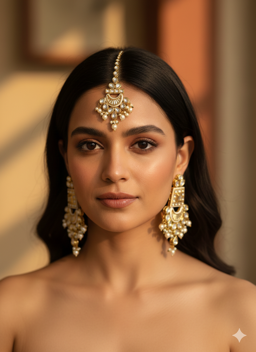 Gold Plated Kundan chandbali earrings and maang tikka