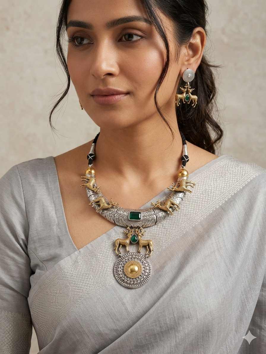 Oxidized Silveralike Statement Necklace Set with deer Motif & Green Stone