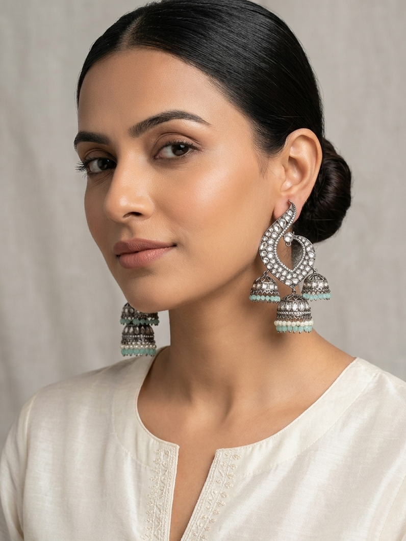 Rodium plated jhumka earrings