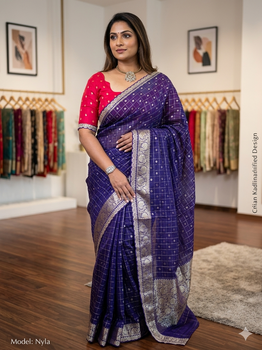 Purplish blue chinon silk saree