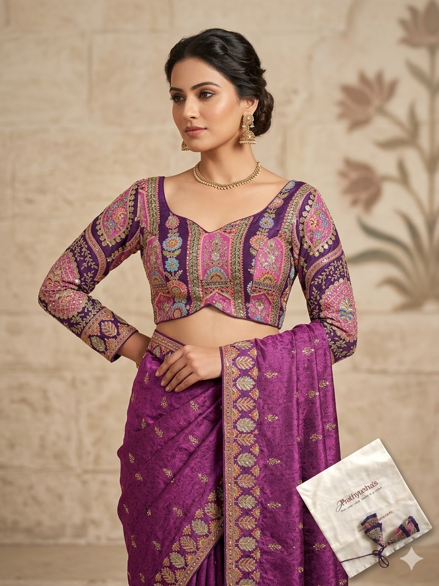 Purple Embroidered Silk Blouse with Intricate Zari & Floral Work