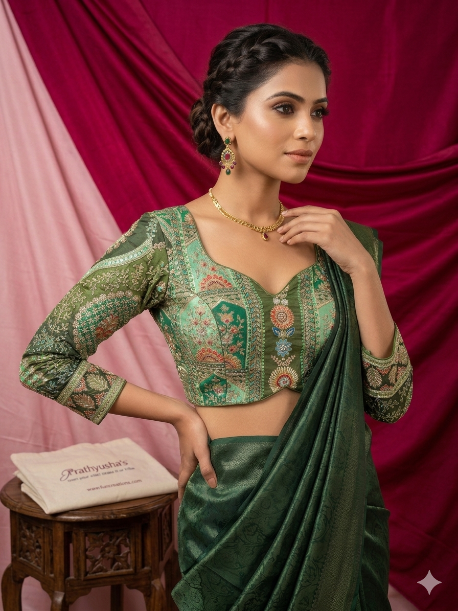 Emerald Green Embroidered Silk Blouse with Intricate Zari & Floral Work