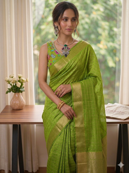 Mangalgiri Soft Cotton Silk Saree – Handwoven Pink Checks Saree with Rich Zari Border | Traditional South Indian Saree