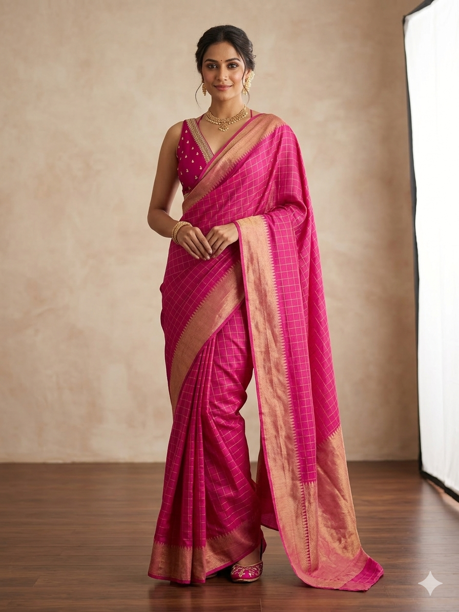 Mangalgiri Soft Cotton Silk Saree – Handwoven Pink Checks Saree with Rich Zari Border | Traditional South Indian Saree
