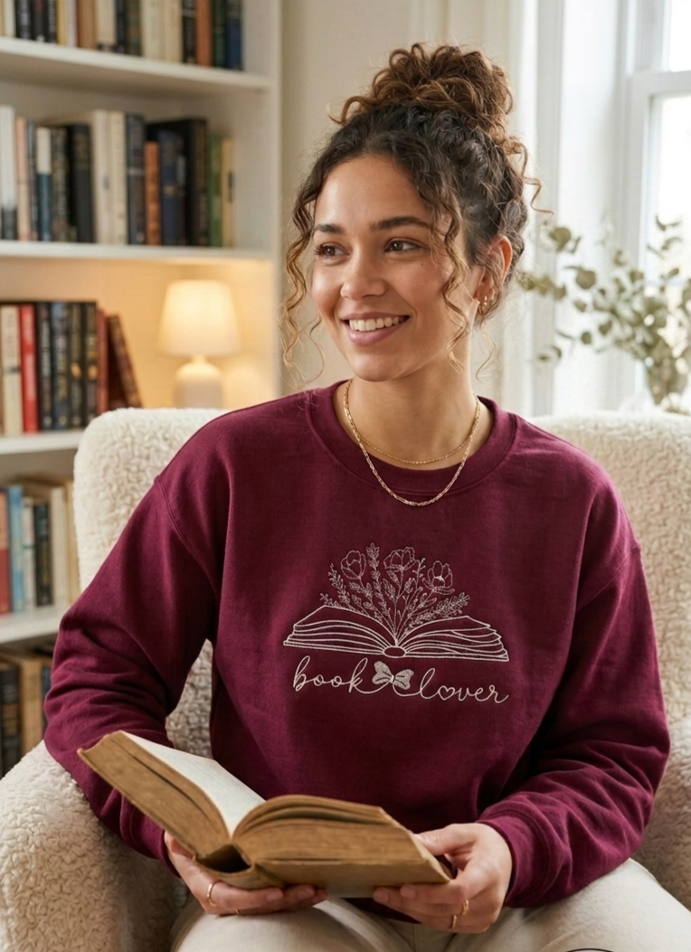Custom Embroidered "Book Lover" Floral Sweatshirt Cozy Maroon Crewneck