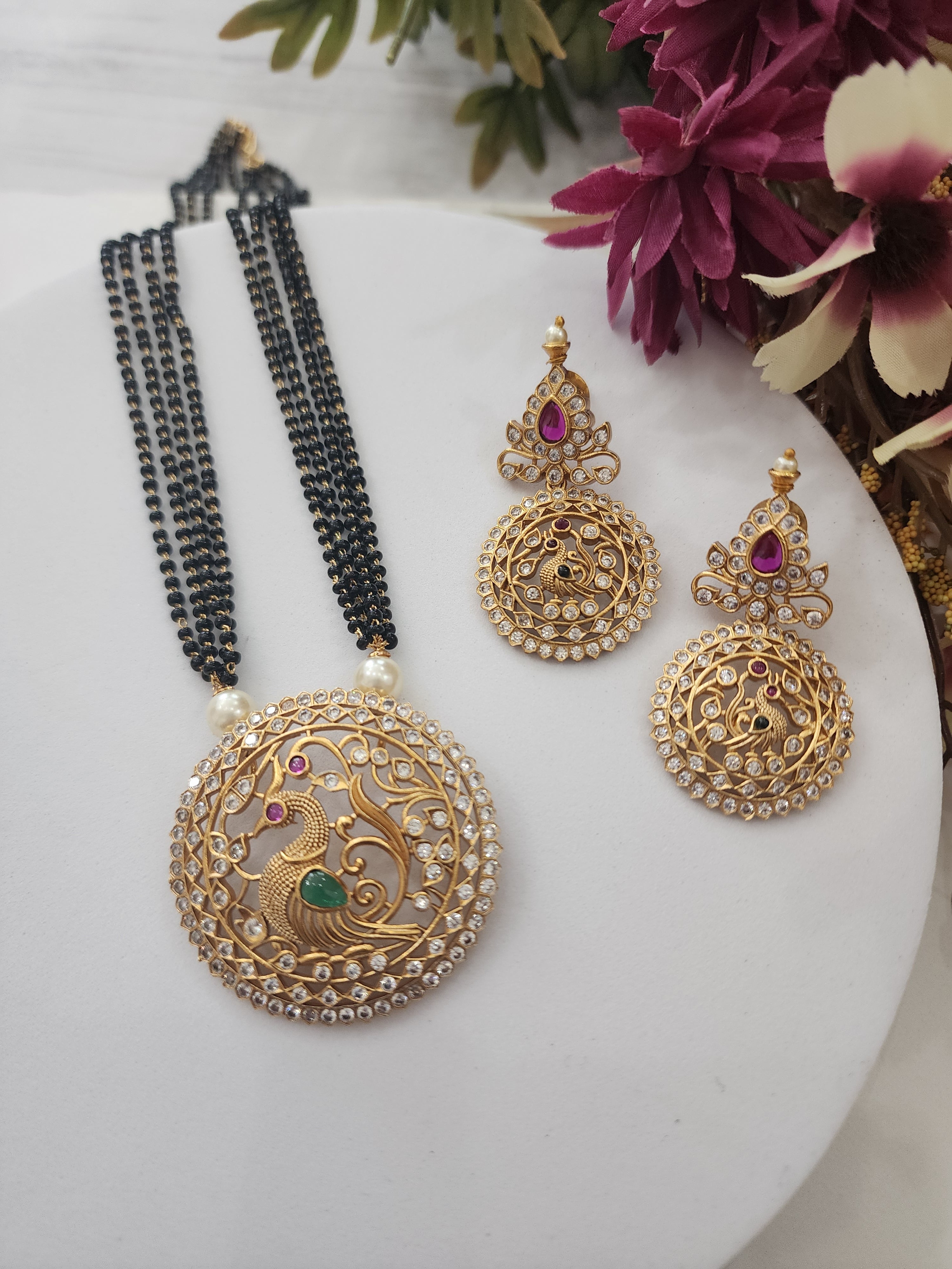 Bhuvi Gold plated black bead necklace set