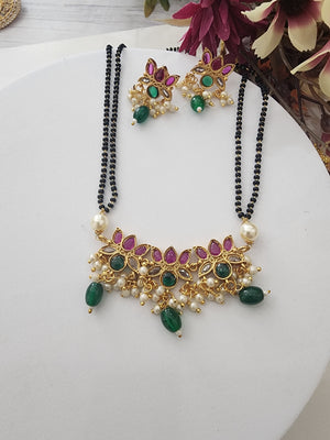 Bhuvi Gold plated black bead necklace set