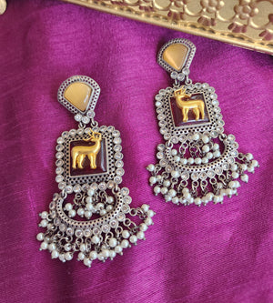 Deer dualtone silver alike earrings