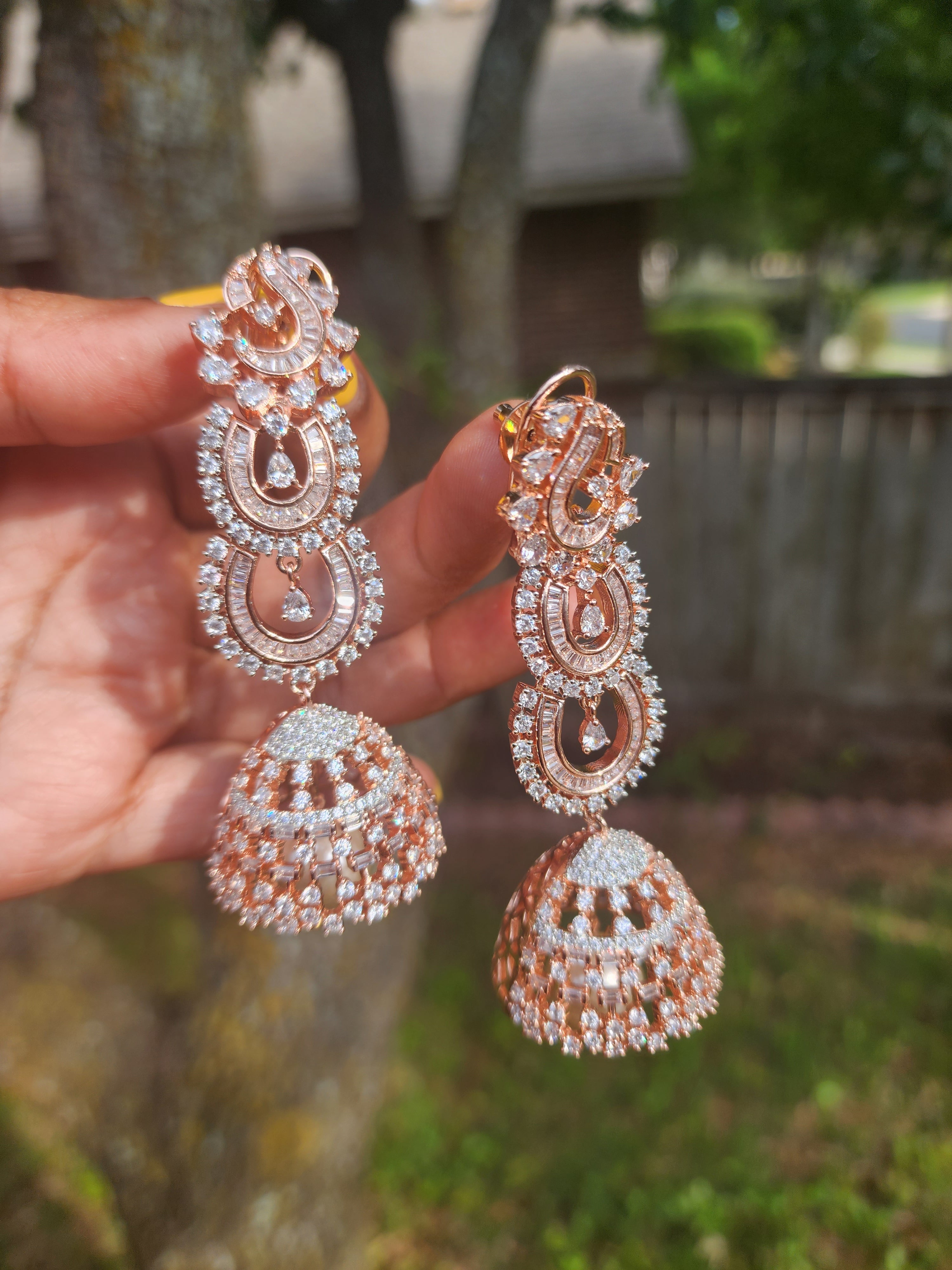 Rose Gold Floral CZ Jhumkas - South India Jewels