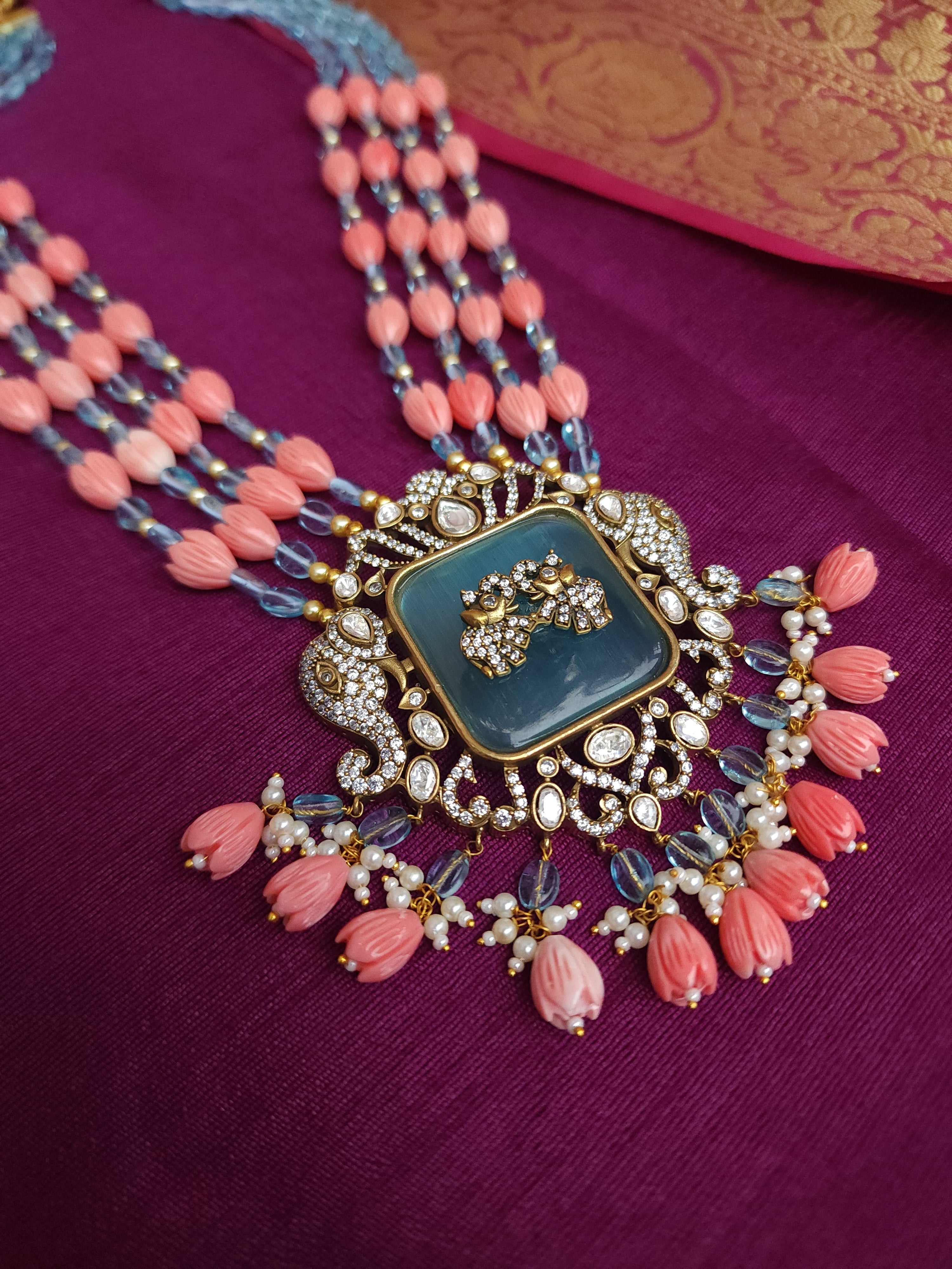 Victorian polki two tone haram necklace with earrings