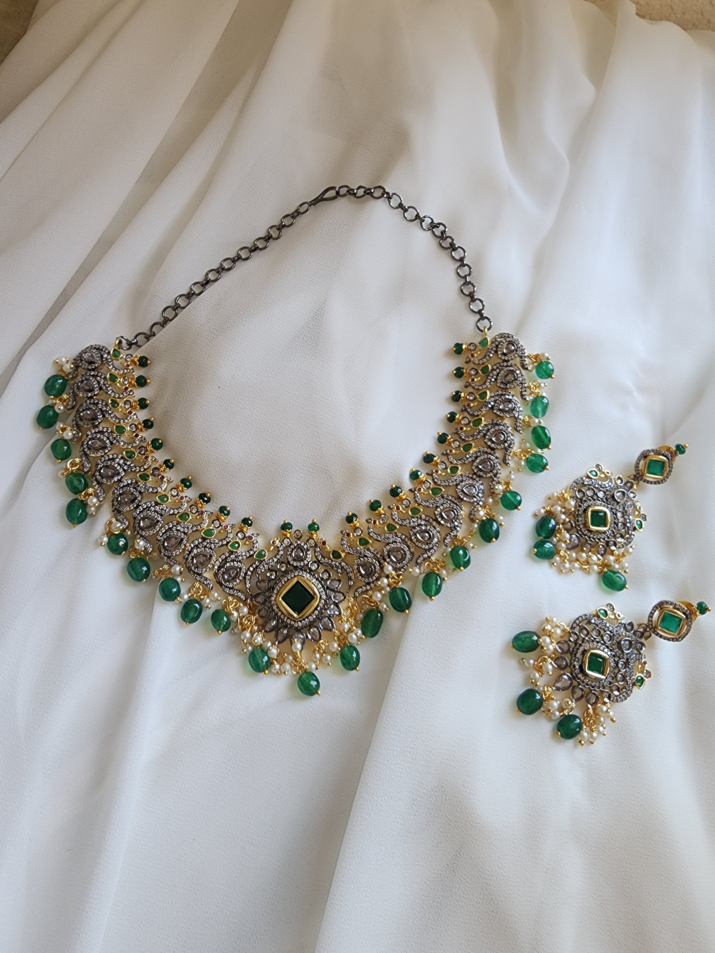 Victorian polki two tone necklace with earrings