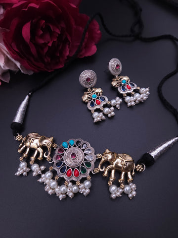 Elephant dualtone choker set with earrings