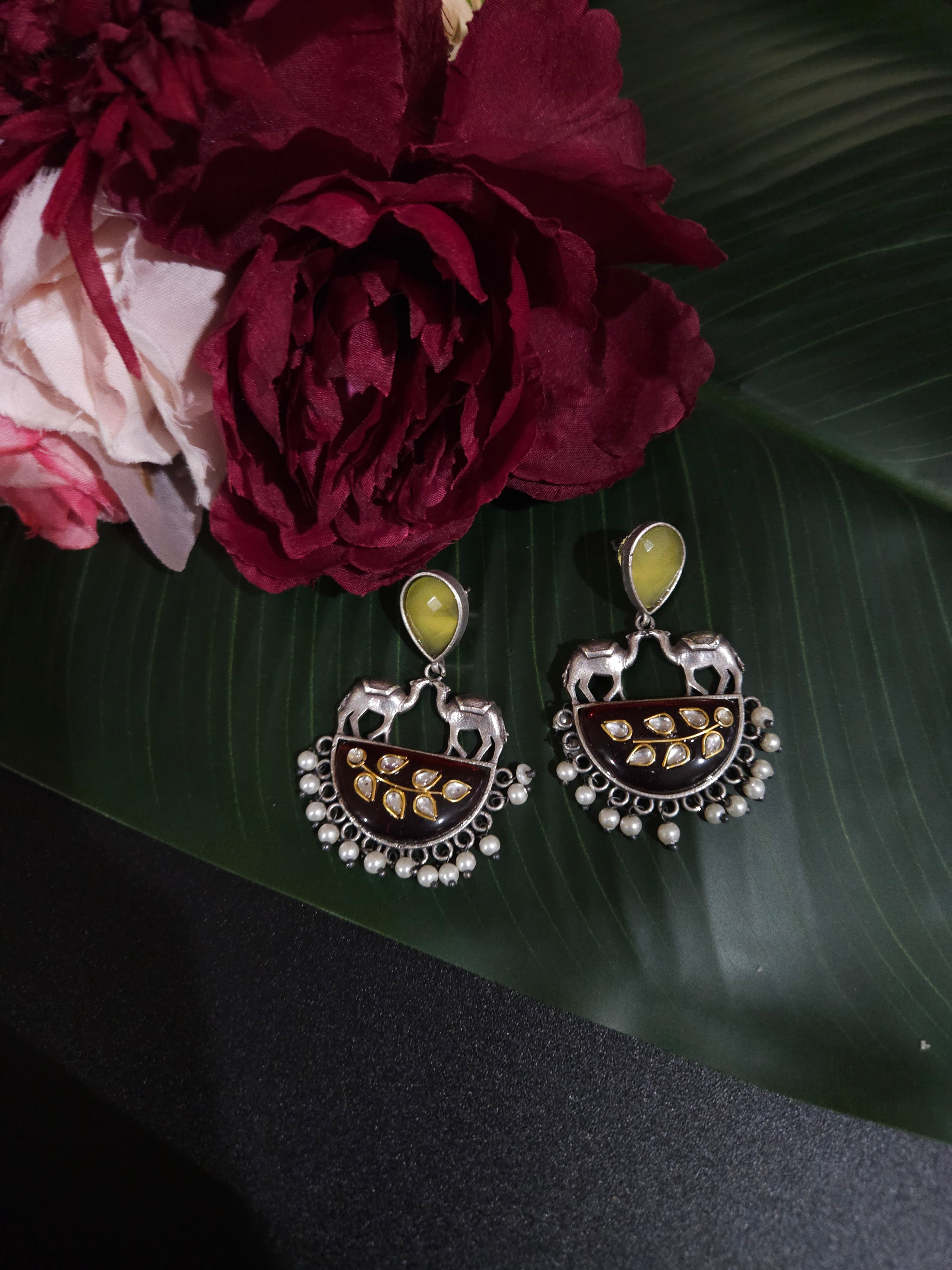 Mogul natural stone silver alike earrings