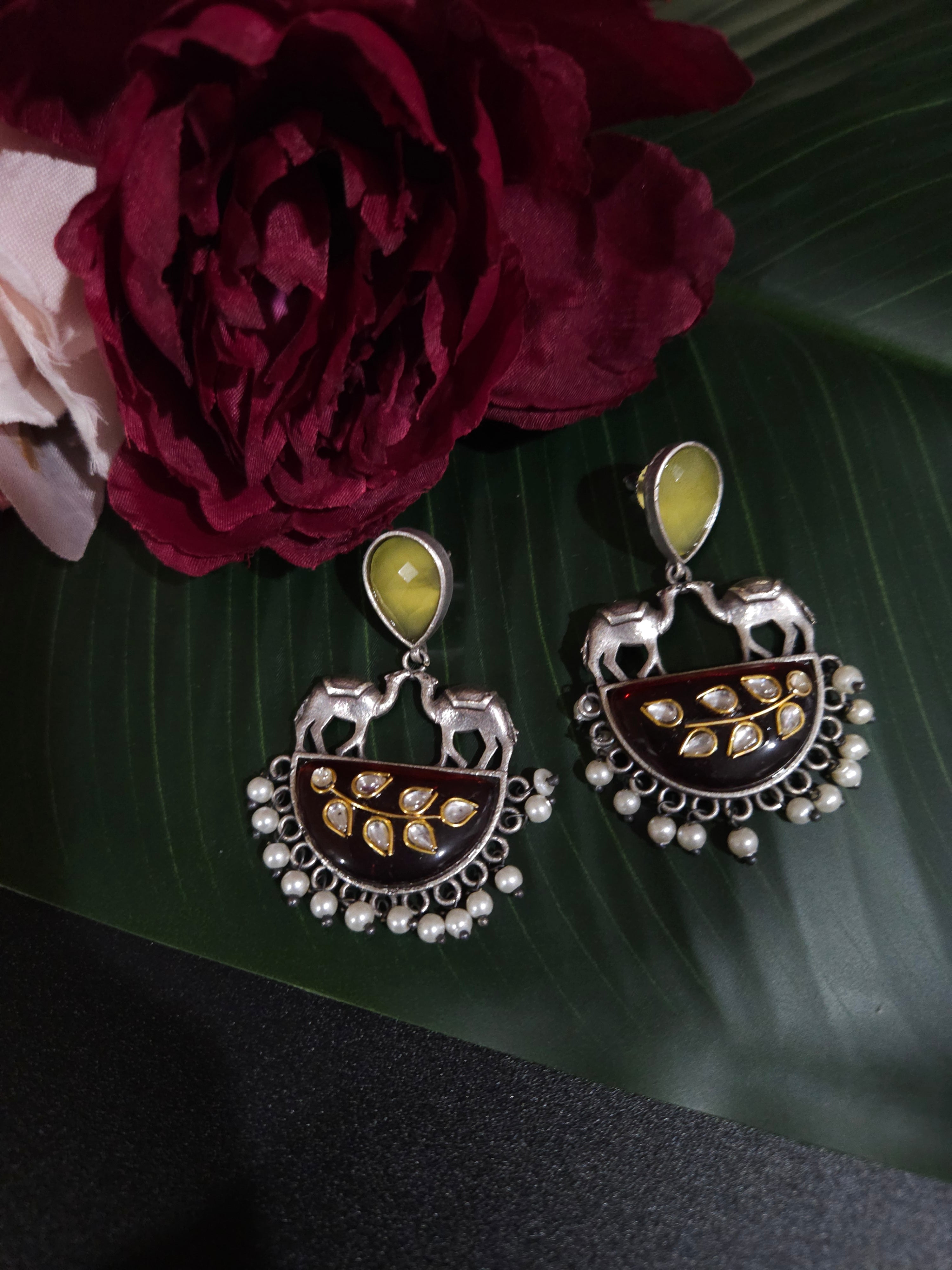 Mogul natural stone silver alike earrings