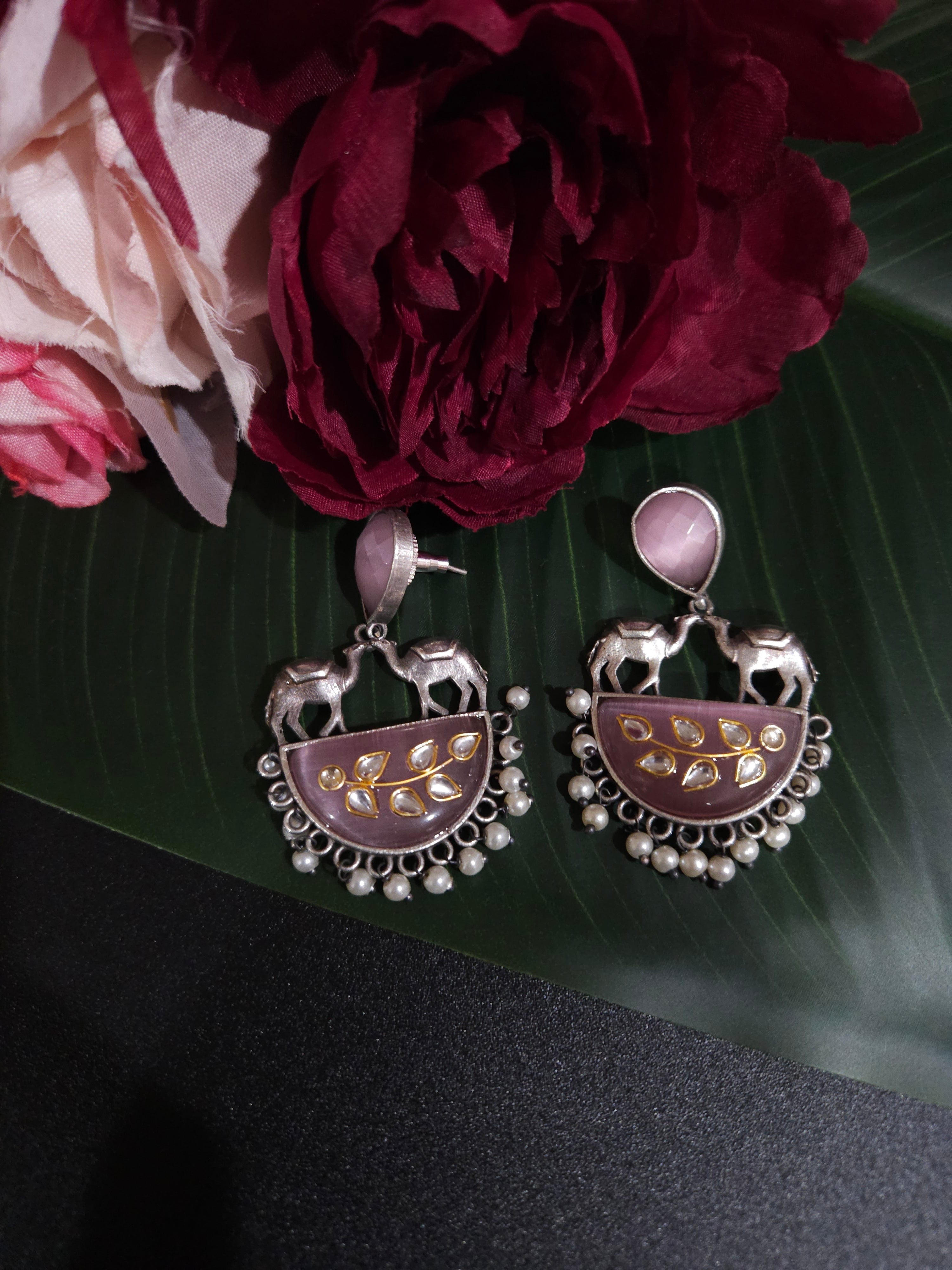Mogul natural stone silver alike earrings