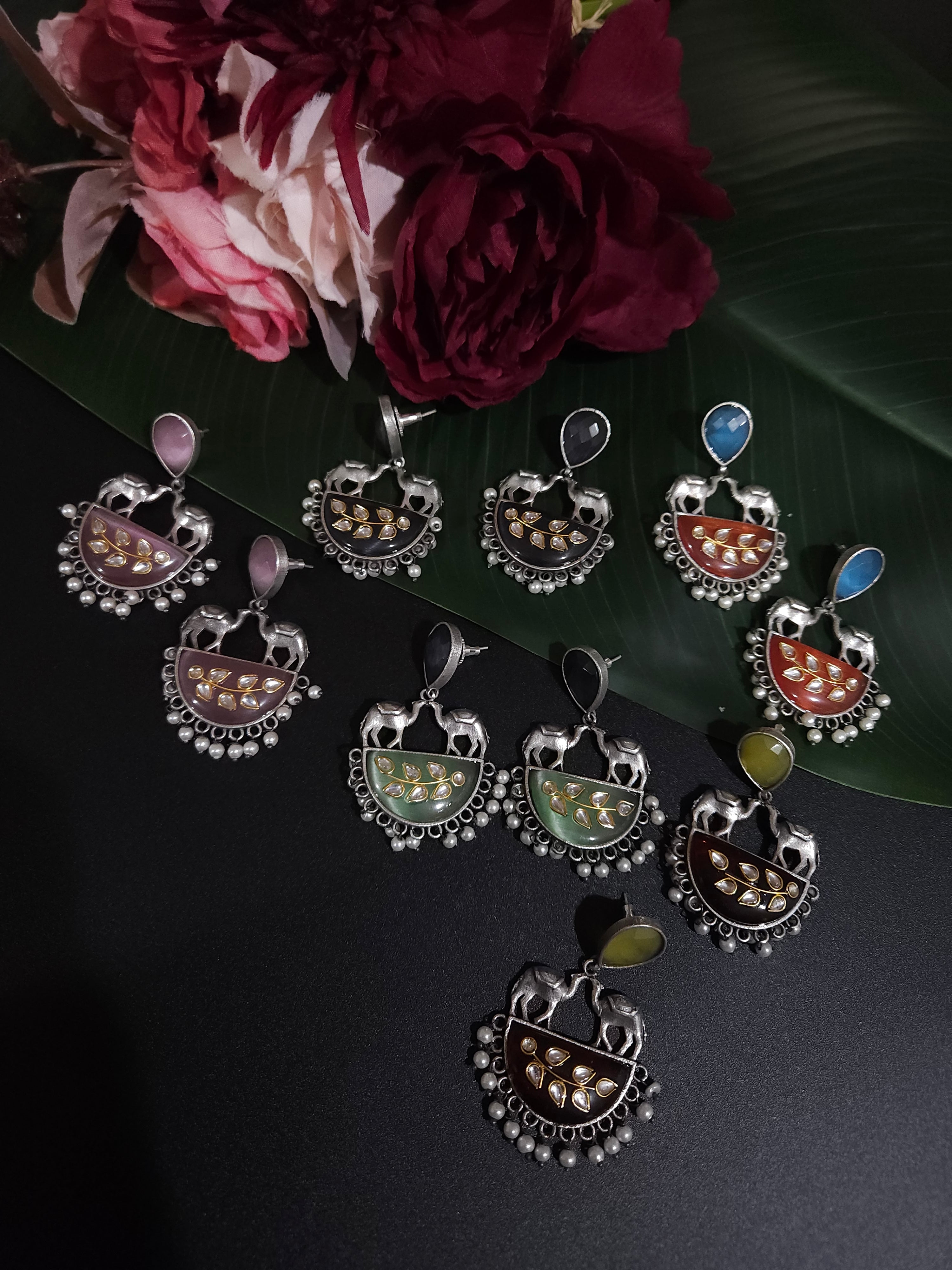 Mogul natural stone silver alike earrings