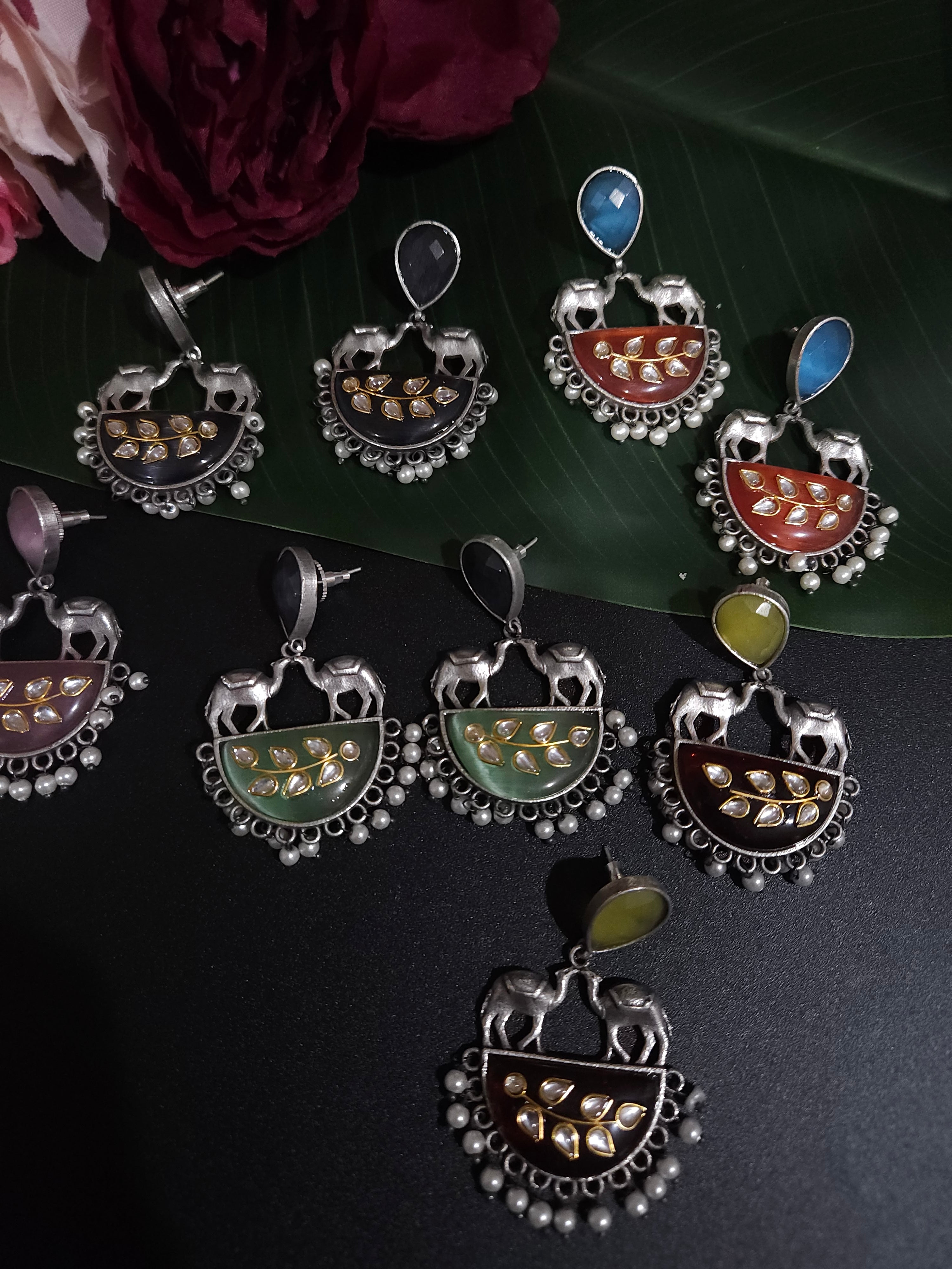 Mogul natural stone silver alike earrings