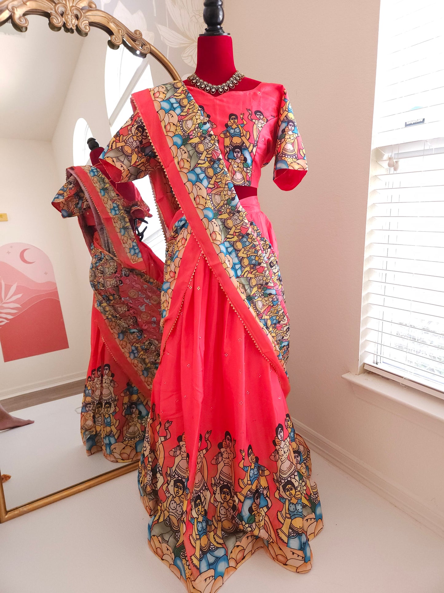 Kalamkari silk lehanga set Pink
