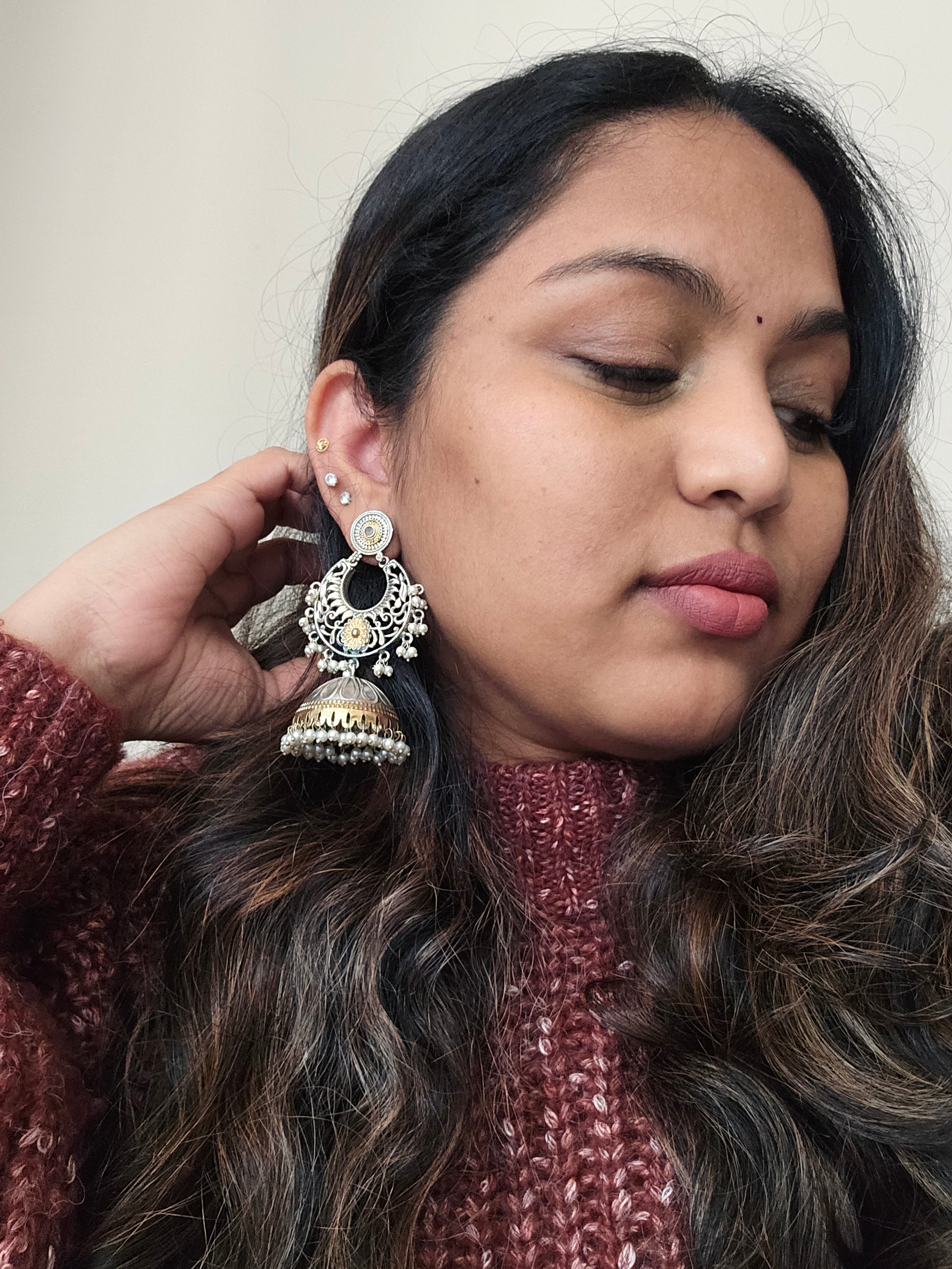 Ahana dualtone silver alike jhumka earrings