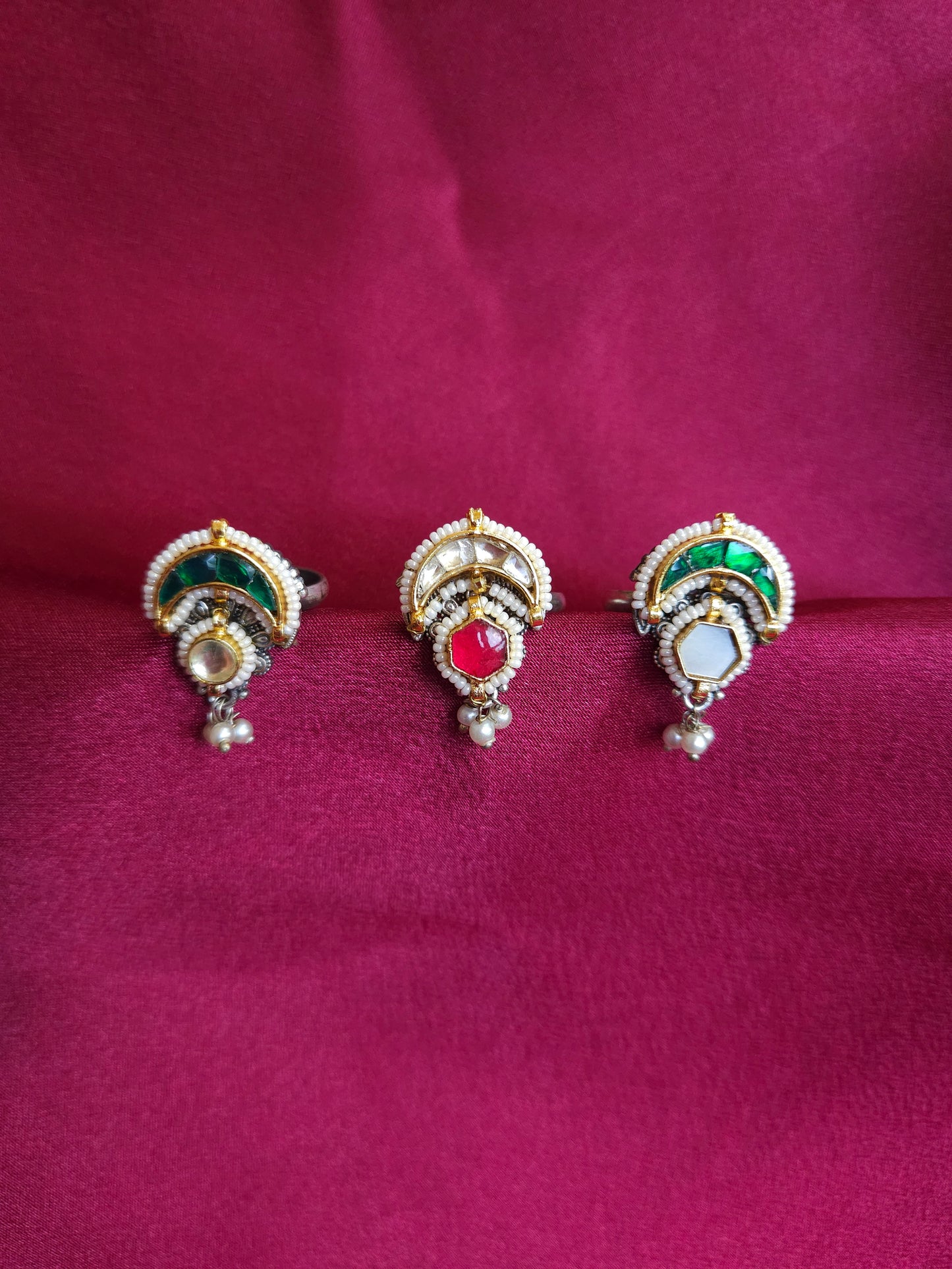 Pachi kundan fusion silveralike adjustable ring
